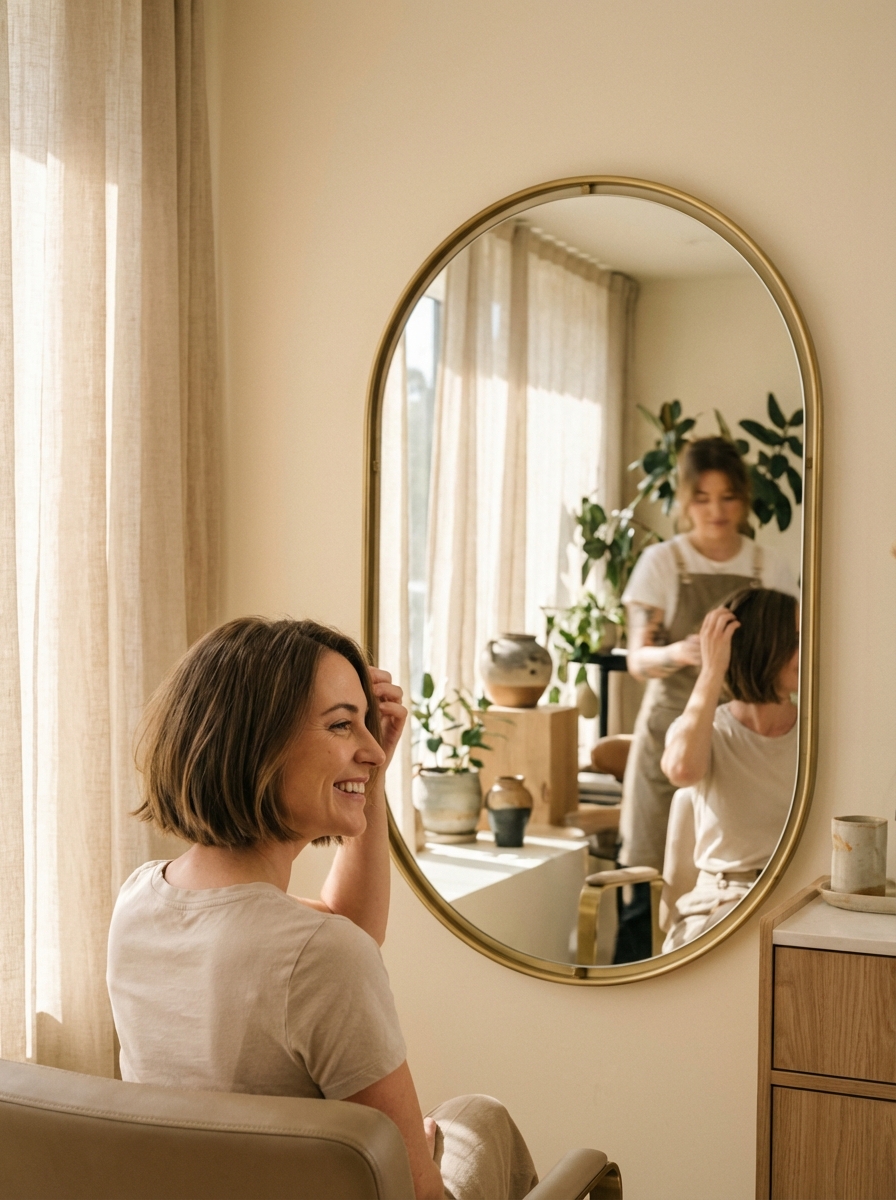 Customer showing off new hair in salon mirror